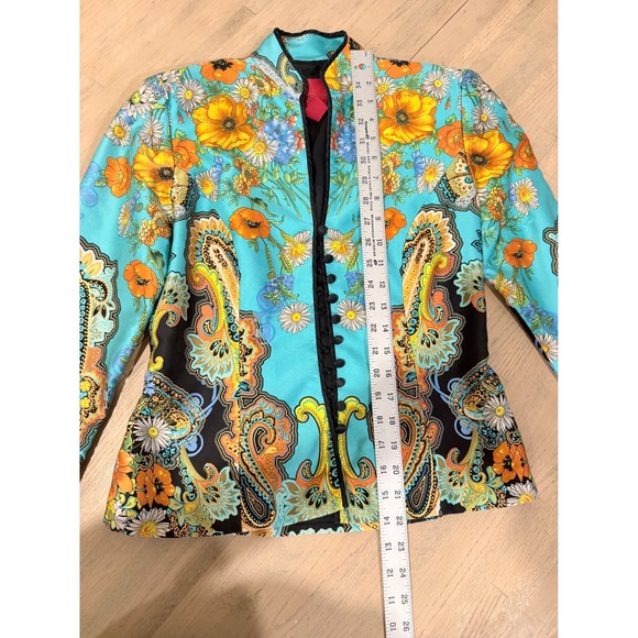 JS Collections Silk Floral Paisley Jacket Turquoise Orange Loop Button Size 6 - Picture 5 of 8